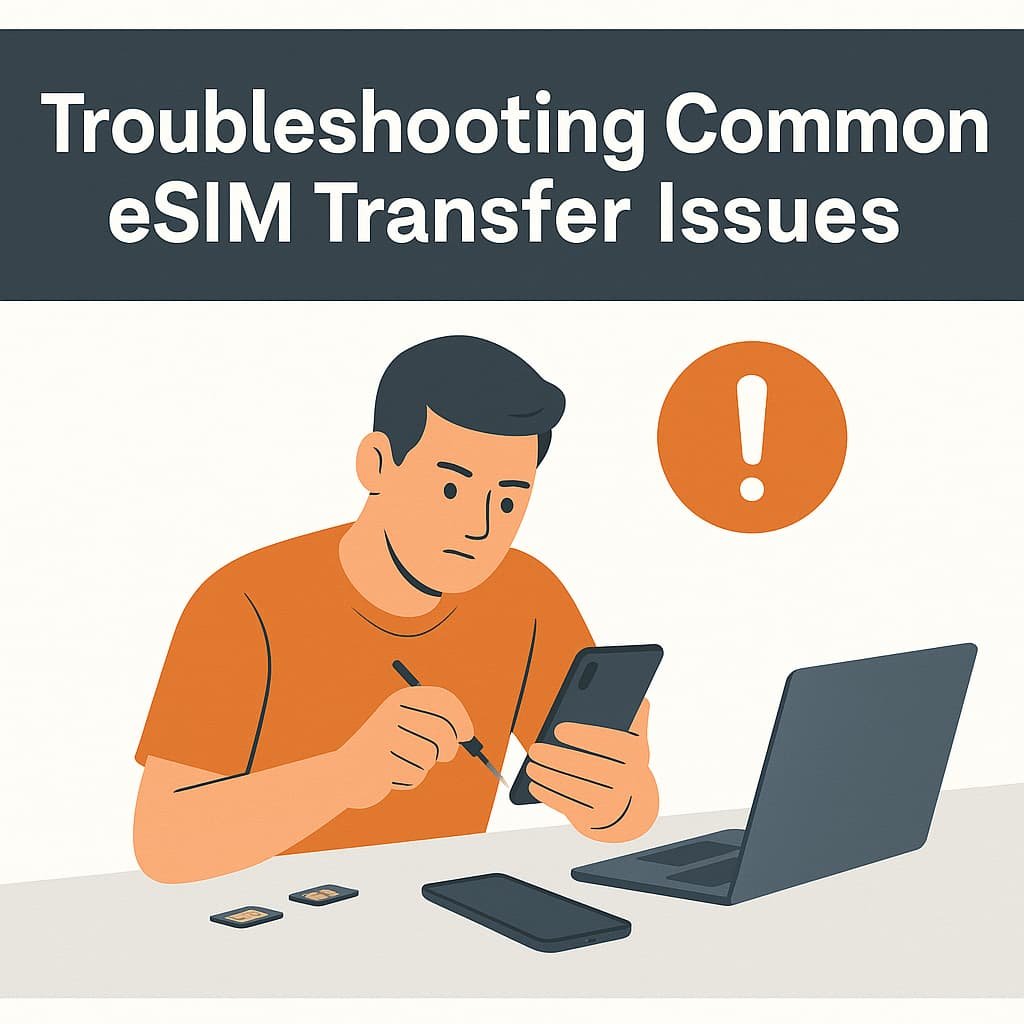 An illustrated technician sitting at a desk with two smartphones and a laptop, troubleshooting eSIM transfer issues with an alert symbol in the background.