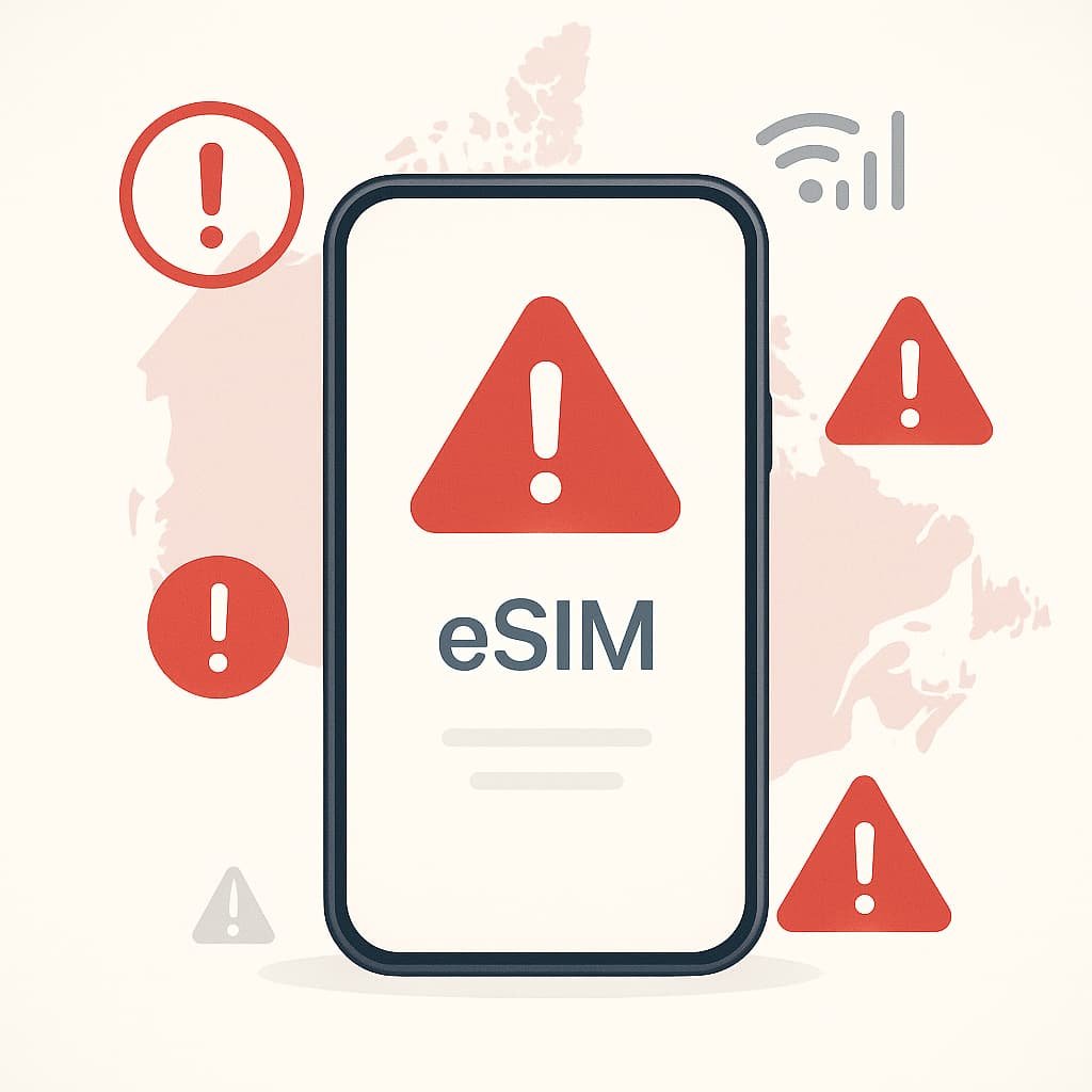 Smartphone with warning icons illustrating troubleshooting steps for eSIM transfer issues in Canada.