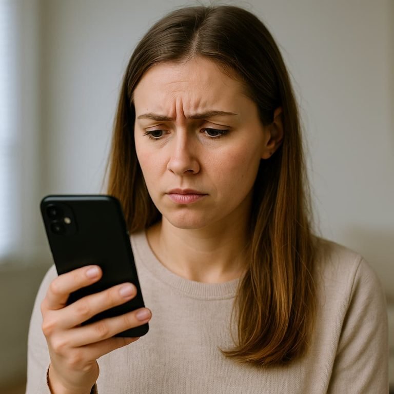 Woman learning what to do if eSIM activation fails in Canada while checking her smartphone at home with a laptop on the desk.
