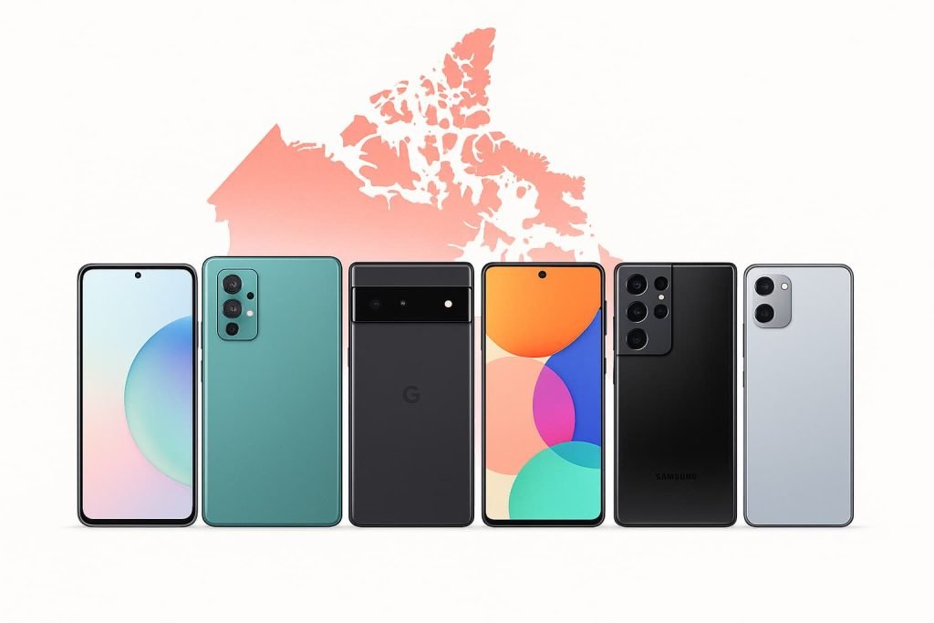 Multiple Android phones displayed in a lineup, illustrating compatible Android phones that support eSIM in Canada.