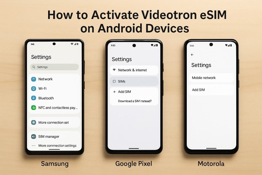 Three Android phones showing the settings screens used to activate a Videotron eSIM on Samsung, Google Pixel, and Motorola devices, including the menu paths for Network, SIMs, and Add eSIM options.