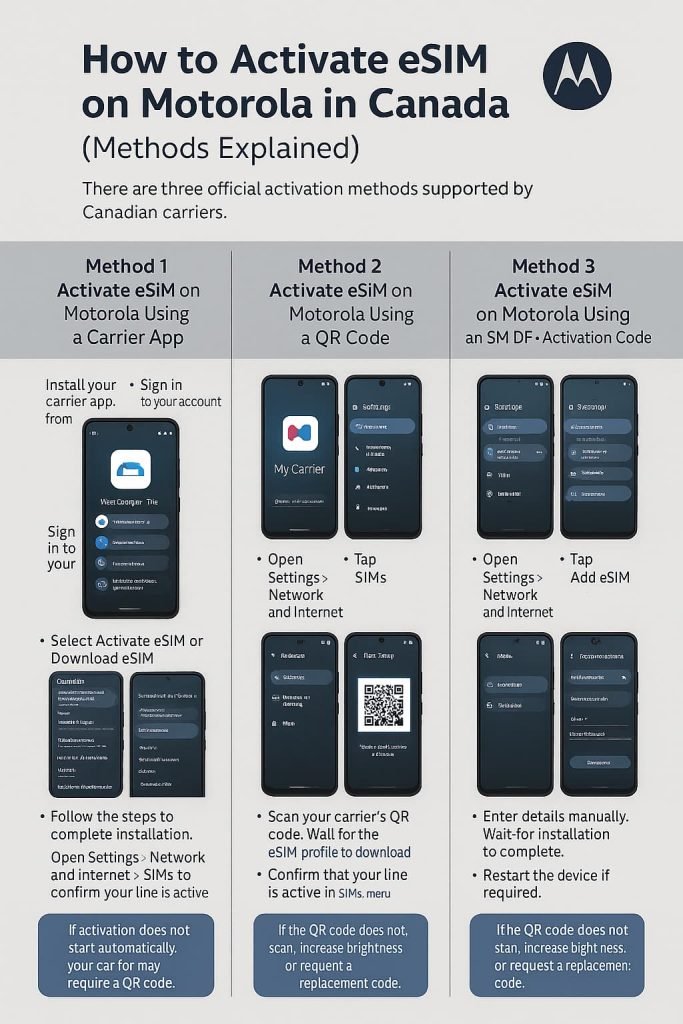 Infographic showing three methods to activate eSIM on Motorola phones in Canada, including step-by-step visuals for activating through a carrier app, scanning a QR code, or entering an SM-DP+ activation code manually.