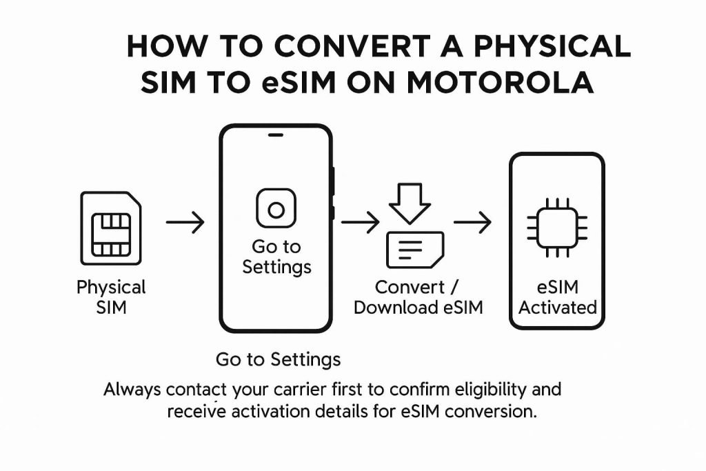 Minimalist infographic showing the process of converting a physical SIM to an eSIM on a Motorola device, using simple icons for a physical SIM card, smartphone settings, a conversion/download symbol, and an activated eSIM chip. Includes a note advising users to contact their carrier for eligibility and activation details.