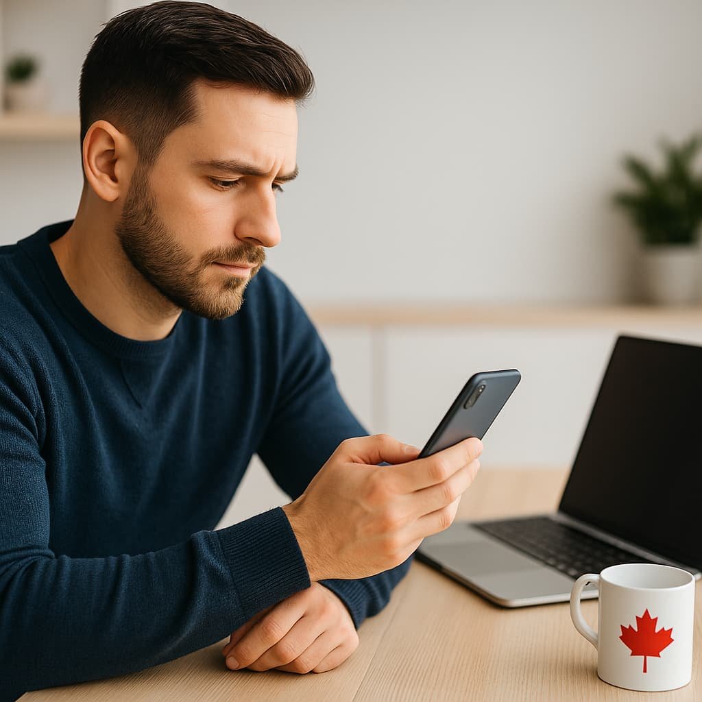 Man checking mobile network settings on his Android phone at a modern workspace in Canada, troubleshooting an eSIM connection issue