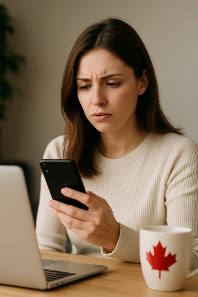 Woman sitting at a modern desk looking at her smartphone while troubleshooting how to fix eSIM not working in Canada, with a laptop and subtle Canadian details in the background.