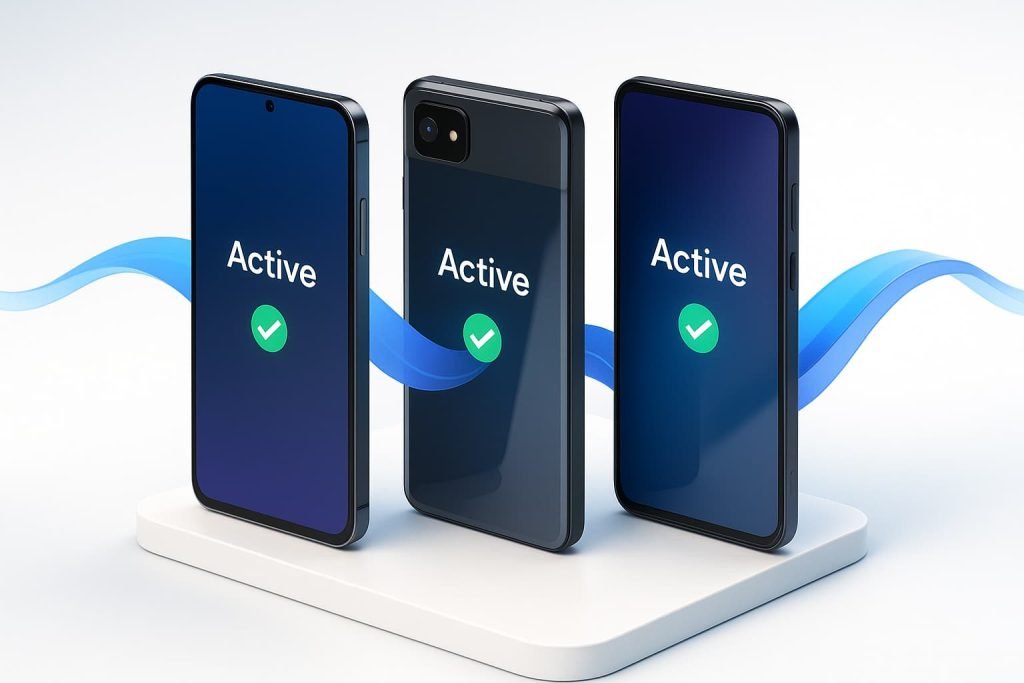 Three Android phones representing Samsung, Google Pixel, and Motorola showing an active Eastlink eSIM connection, illustrating how to activate Eastlink eSIM in Canada on different devices.