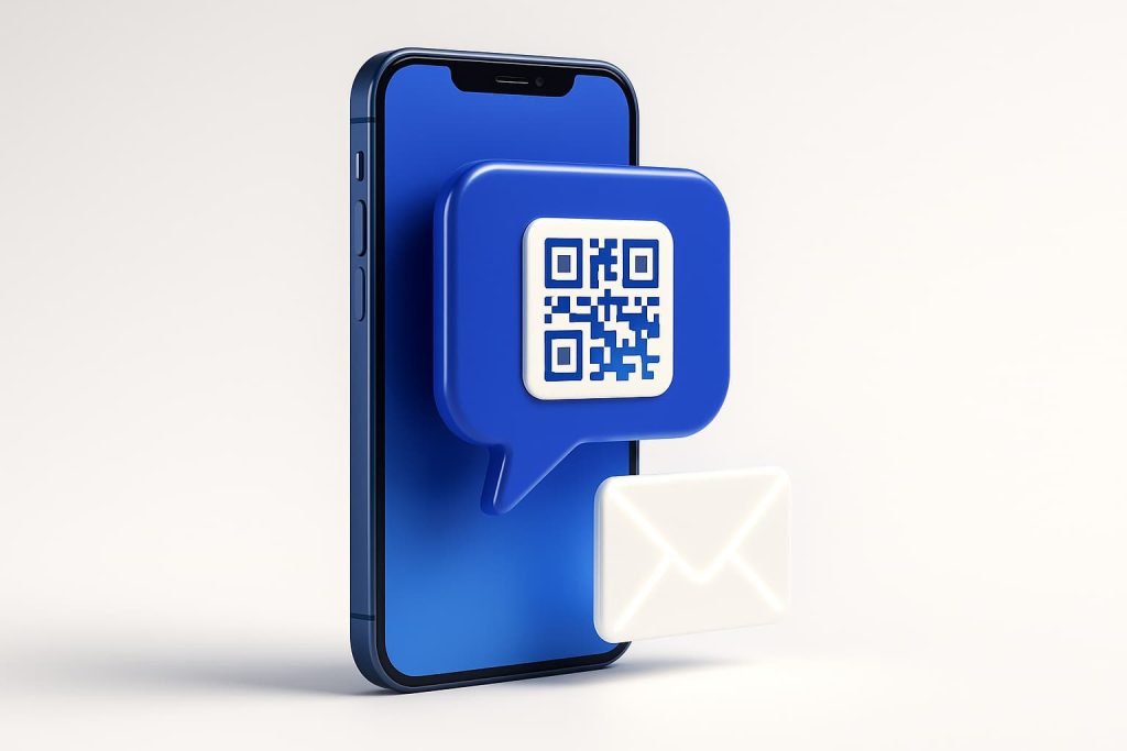 A smartphone with a floating chat bubble displaying a QR code and a glowing envelope icon, representing a request for an Eastlink eSIM or QR code.