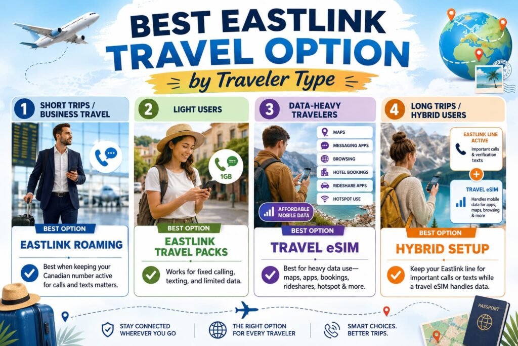Infographic showing the best Eastlink travel option by traveler type, including Eastlink roaming for short trips and business travel, Eastlink travel packs for light users, travel eSIMs for data-heavy travelers, and a hybrid setup for longer trips that need Eastlink calls, texts, and affordable mobile data.