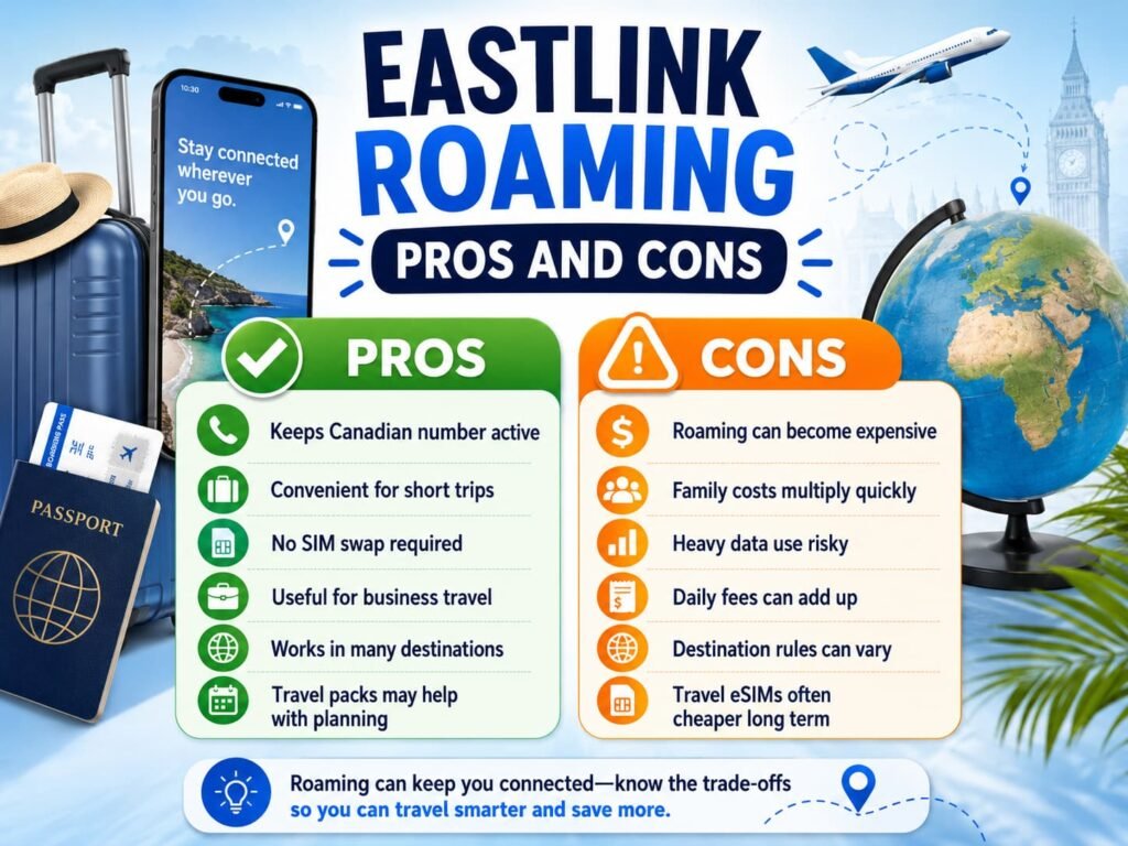 Infographic showing Eastlink roaming pros and cons for Canadian travelers, including keeping a Canadian number active, short trip convenience, no SIM swap, business travel use, destination support, daily roaming fees, family travel costs, heavy data risks, and when travel eSIMs may be cheaper long term.