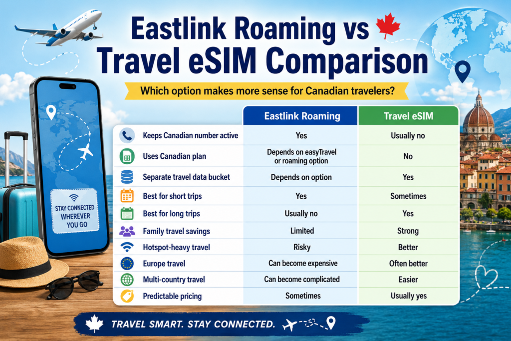 Infographic comparing Eastlink roaming vs travel eSIMs for Canadian travelers, including Canadian number access, easyTravel or roaming option differences, separate travel data buckets, short trips, long trips, family travel savings, hotspot use, Europe travel, multi-country travel, and predictable pricing.
