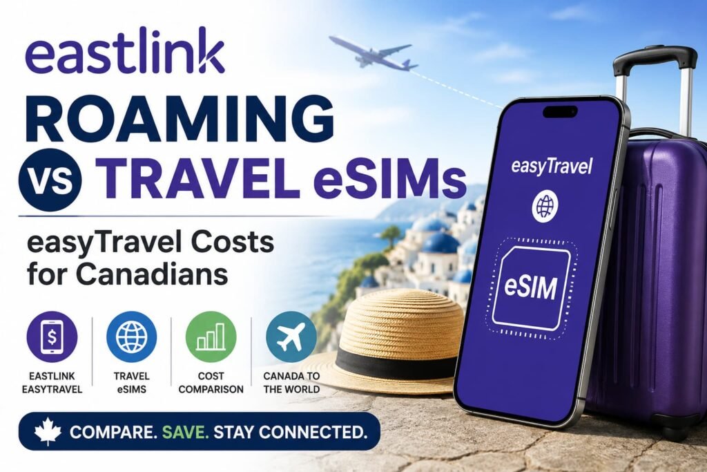 Infographic-style featured image comparing Eastlink roaming vs travel eSIMs for Canadian travelers, showing easyTravel costs, travel eSIM setup, luggage, smartphone, flight path, and travel cost comparison elements.
