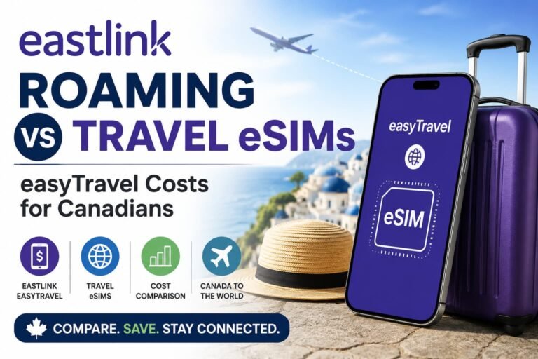 Infographic-style featured image comparing Eastlink roaming vs travel eSIMs for Canadian travelers, showing easyTravel costs, travel eSIM setup, luggage, smartphone, flight path, and travel cost comparison elements.