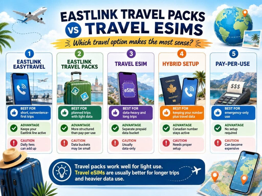 Infographic comparing Eastlink travel packs vs travel eSIMs for Canadian travelers, including easyTravel, planned travel packs, travel eSIMs, hybrid setup, and pay-per-use roaming, with key advantages and cautions for short trips, light data use, long trips, and emergency-only roaming.