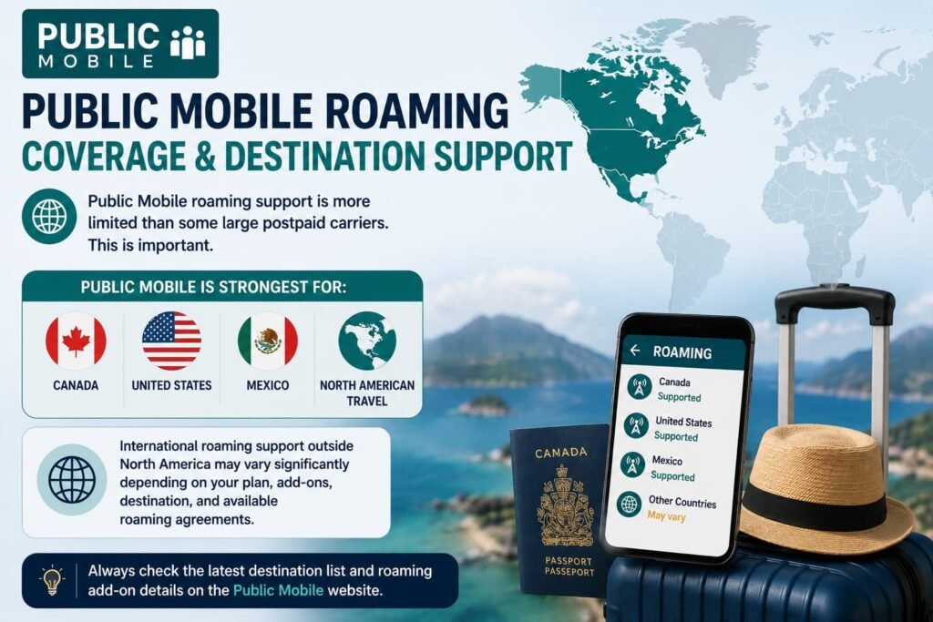 Travel-themed infographic showing Public Mobile roaming coverage and destination support for Canadian travelers, highlighting Canada, the United States, Mexico, and North American travel, while explaining that international roaming support outside North America may vary depending on plans, roaming add-ons, destination, and available roaming agreements.