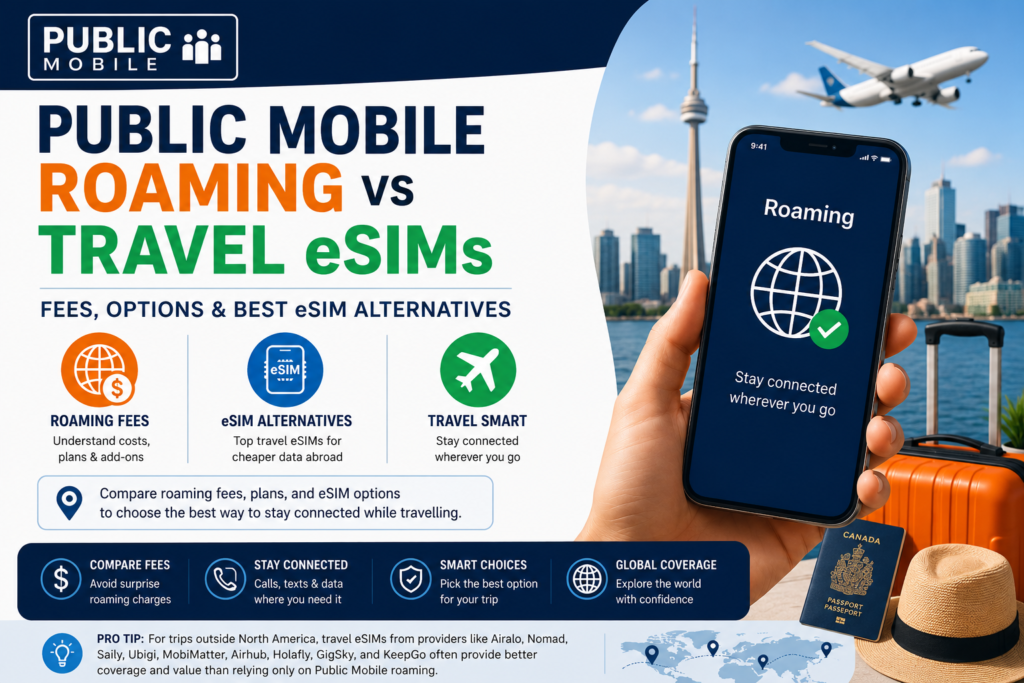 Travel-themed infographic comparing Public Mobile roaming and travel eSIMs for Canadian travelers, highlighting roaming fees, eSIM alternatives, prepaid travel data, international connectivity, North American travel, smartphone roaming setup, and affordable ways to stay connected abroad.