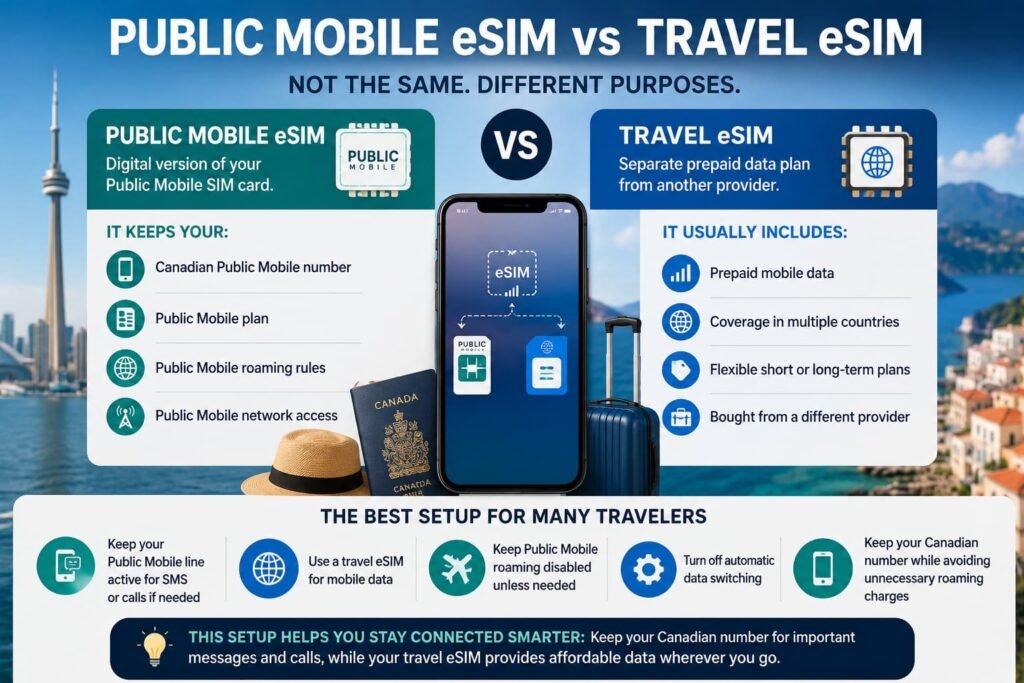 Comparison infographic showing the difference between a Public Mobile eSIM and a travel eSIM for Canadian travelers, including Public Mobile network access, Canadian phone number support, prepaid travel data, international coverage, hybrid travel setup, and using a travel eSIM while keeping a Canadian number active abroad.
