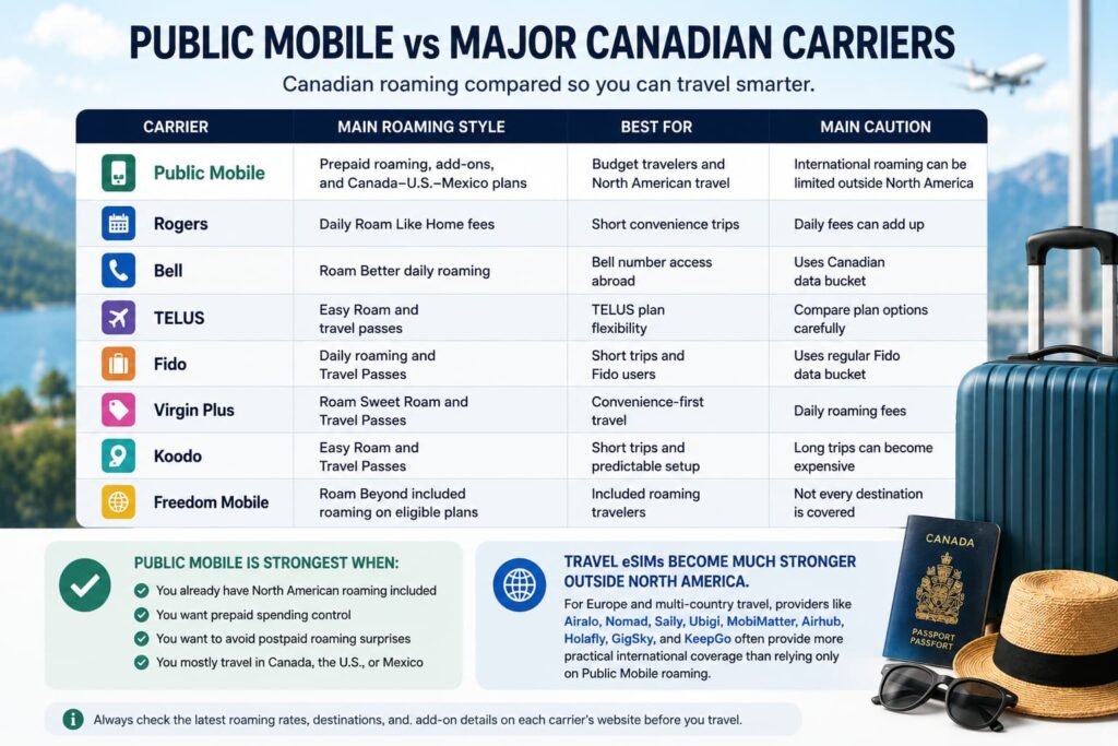 Clean travel-themed comparison infographic showing how Public Mobile roaming compares with major Canadian carriers for international travel, highlighting prepaid roaming, travel passes, North American coverage, travel eSIM alternatives, roaming costs, and international travel considerations for Canadian travelers.