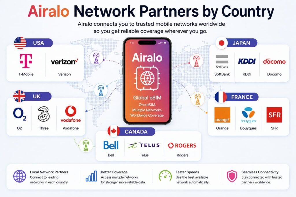 Airalo eSIM network partners by country showing mobile carriers in USA, UK, Japan, France, and Canada