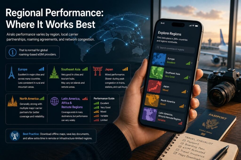 Airalo regional performance guide showing eSIM travel connectivity across Europe, Southeast Asia, Japan, North America, and remote regions with a smartphone display in an airport travel setting