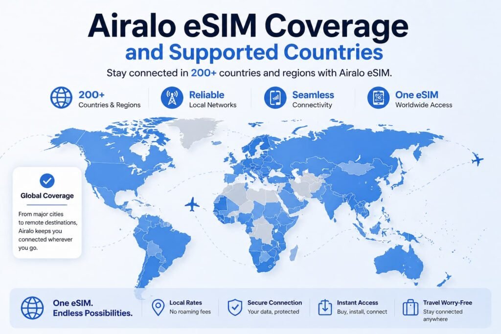 Airalo eSIM coverage map showing global mobile data availability in over 200 countries and regions