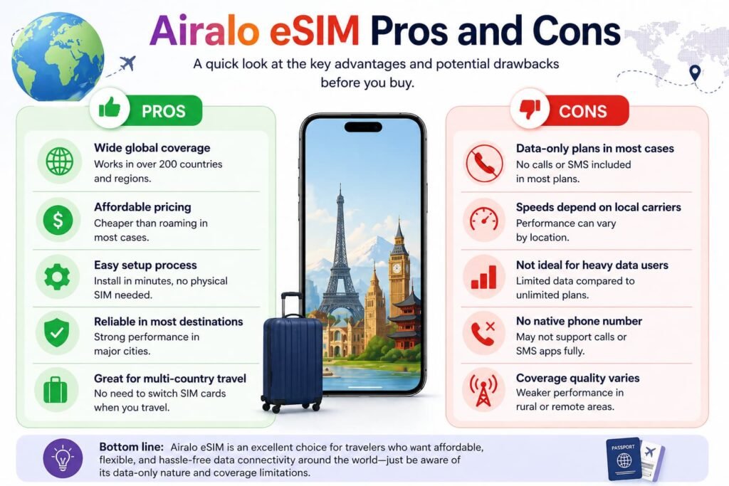 Airalo eSIM pros and cons comparison showing coverage, pricing, setup, and limitations of data-only plans