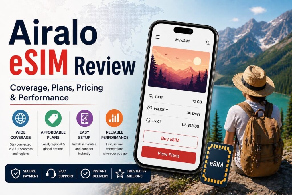 Airalo eSIM review showing mobile data plans, global travel connectivity, and smartphone with eSIM setup