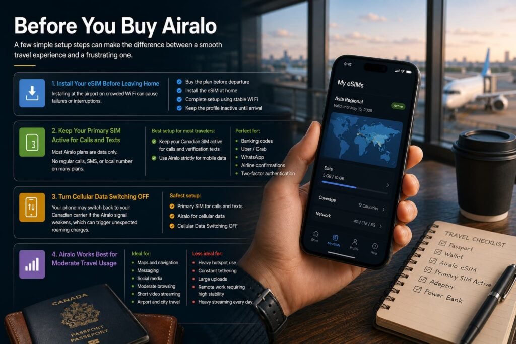 Wide cinematic travel-tech image showing important Airalo eSIM setup tips before travel, including installing the eSIM before departure, keeping the primary SIM active, disabling cellular data switching, and managing moderate travel data usage in an airport setting