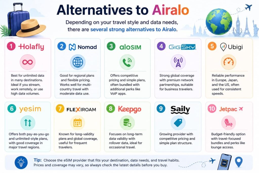 Airalo eSIM alternatives comparison showing providers like Holafly Nomad aloSIM GigSky Ubigi and others for international travel