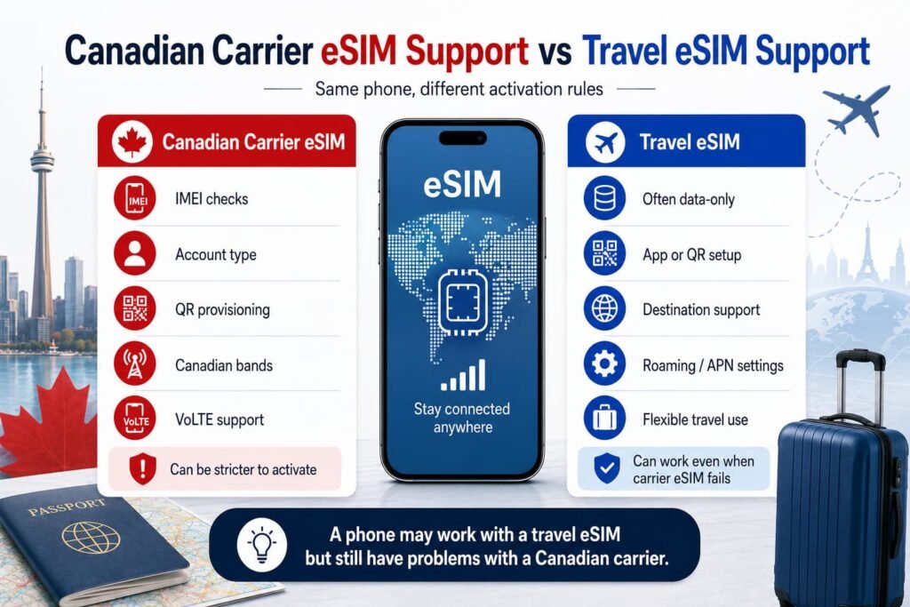 Infographic-style image comparing Canadian carrier eSIM support vs travel eSIM support, showing IMEI checks, account type, QR provisioning, Canadian bands, VoLTE support, app setup, destination support, and roaming settings