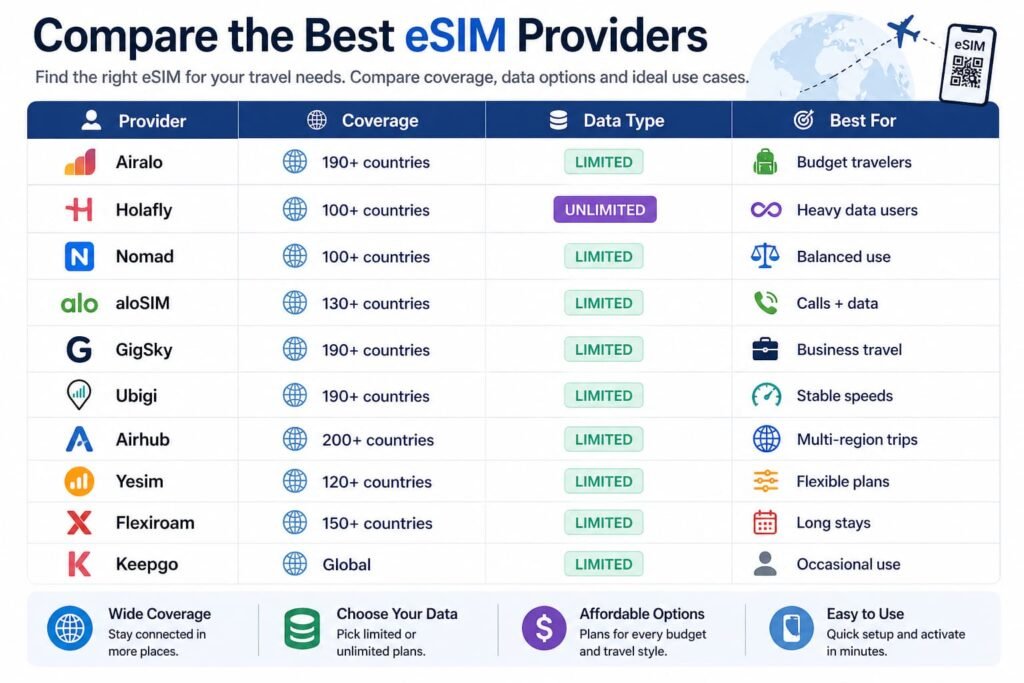 comparison table of esim providers showing coverage data type and best use cases for travelers