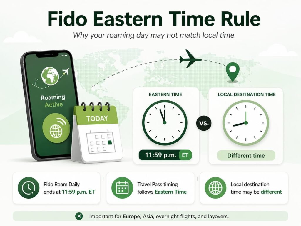Infographic explaining the Fido Eastern Time rule, showing that Fido Roam Daily ends at 11:59 p.m. ET, Travel Pass timing follows Eastern Time, and local destination time may be different while travelling.