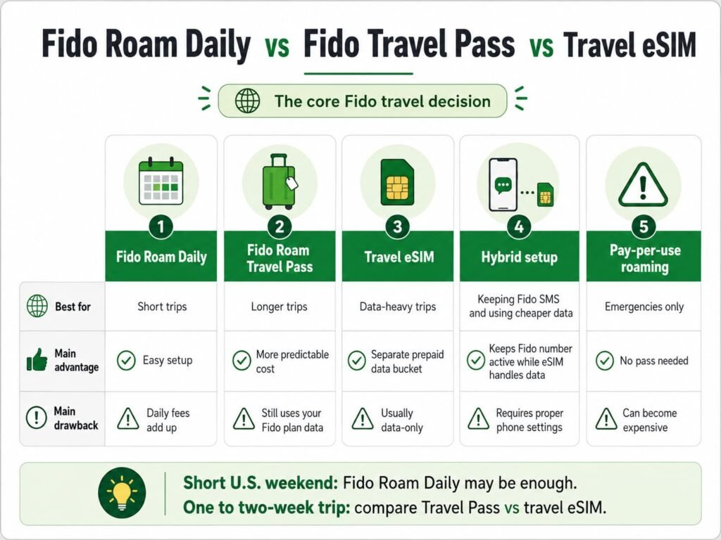 Infographic comparing Fido Roam Daily, Fido Travel Pass, travel eSIM, hybrid setup, and pay-per-use roaming, showing the best use case, main advantage, and main drawback for each option.