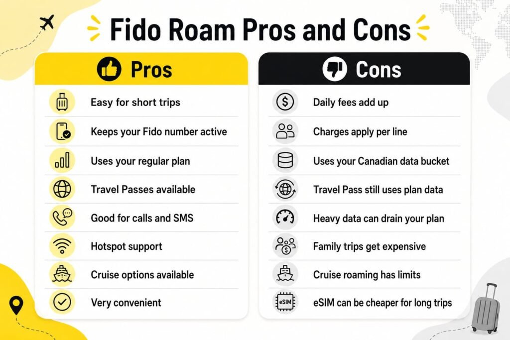 Infographic showing the pros and cons of Fido Roam, including easy setup, keeping your Fido number active, Travel Pass availability, hotspot support, daily roaming fees, per-line charges, Canadian data bucket usage, cruise limits, and when a travel eSIM may be cheaper for long trips.