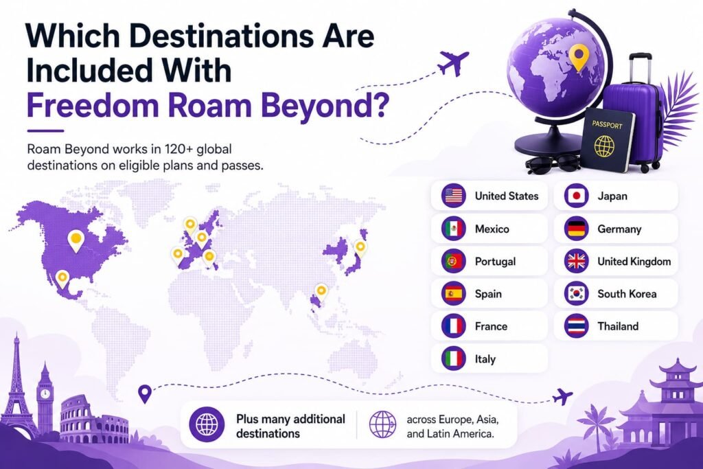 Infographic showing destinations included with Freedom Roam Beyond, including the United States, Mexico, Portugal, Spain, France, Italy, Japan, Germany, the United Kingdom, South Korea, Thailand, and additional countries across Europe, Asia, and Latin America.