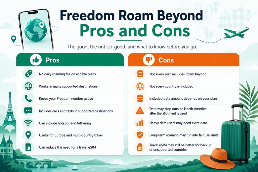 Infographic showing Freedom Roam Beyond pros and cons, including no daily roaming fees on eligible plans, supported destinations, Freedom number access, included calls and texts, hotspot support, data limits, fair use restrictions, and when a travel eSIM may still be better.