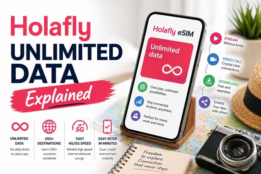 Holafly unlimited data explained showing eSIM setup and global travel connectivity on smartphone