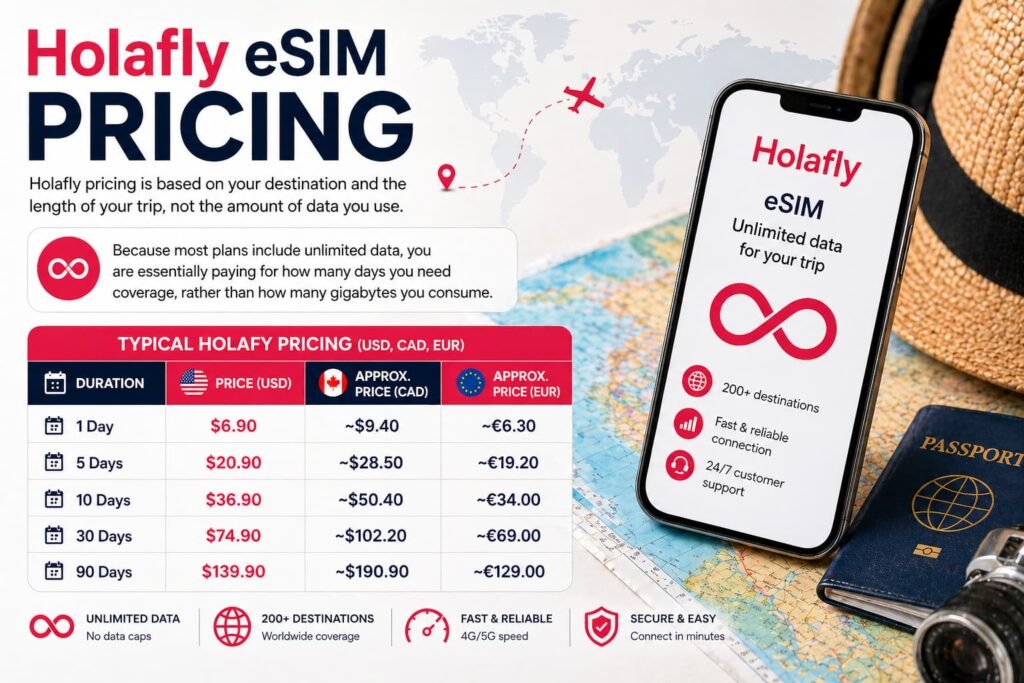 Holafly eSIM pricing showing unlimited data plans by duration with travel smartphone setup
