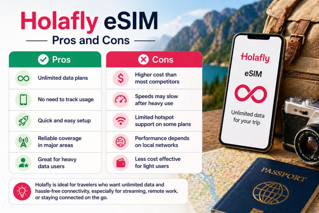 Holafly eSIM pros and cons showing unlimited data benefits and travel limitations