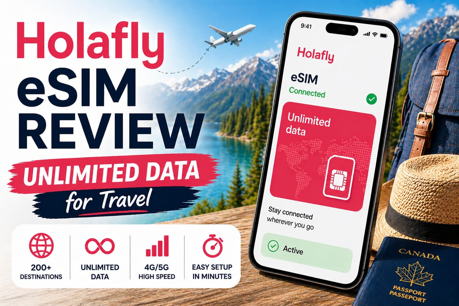 Holafly eSIM review showing unlimited data travel setup with smartphone and global connectivity