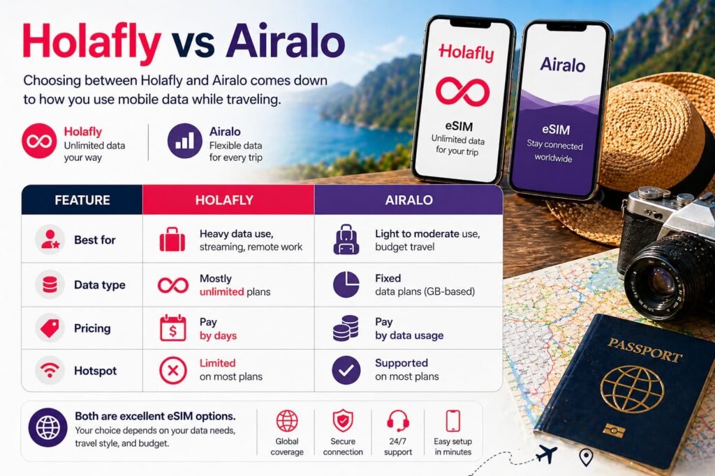 Holafly vs Airalo eSIM comparison showing unlimited data vs fixed data plans for travel