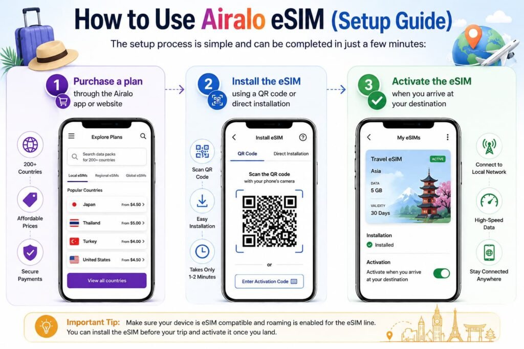 how to use Airalo eSIM setup guide showing steps to purchase plan install eSIM and activate on smartphone