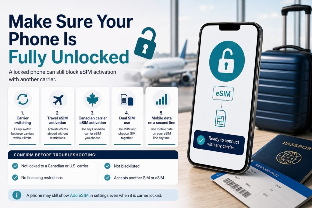 Infographic-style image showing unlock status checks for eSIM activation, including carrier switching, travel eSIM activation, Canadian carrier eSIM activation, dual SIM use, and mobile data on a second line