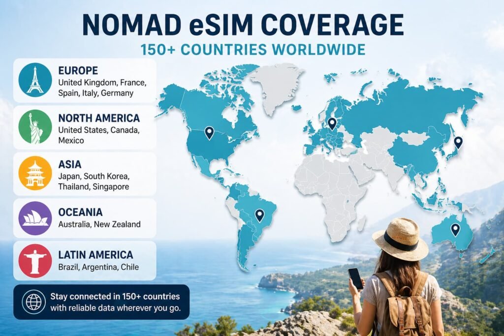 Nomad eSIM coverage map showing supported countries across Europe North America Asia Oceania and Latin America