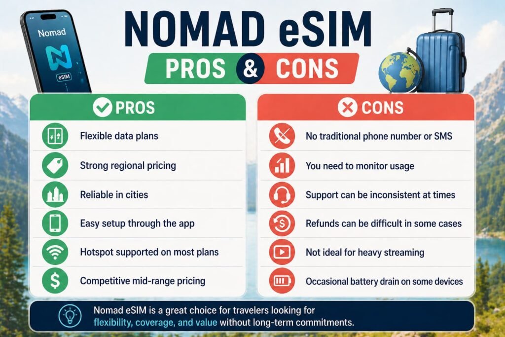 Nomad eSIM pros and cons showing flexible data plans pricing benefits and limitations for travel use