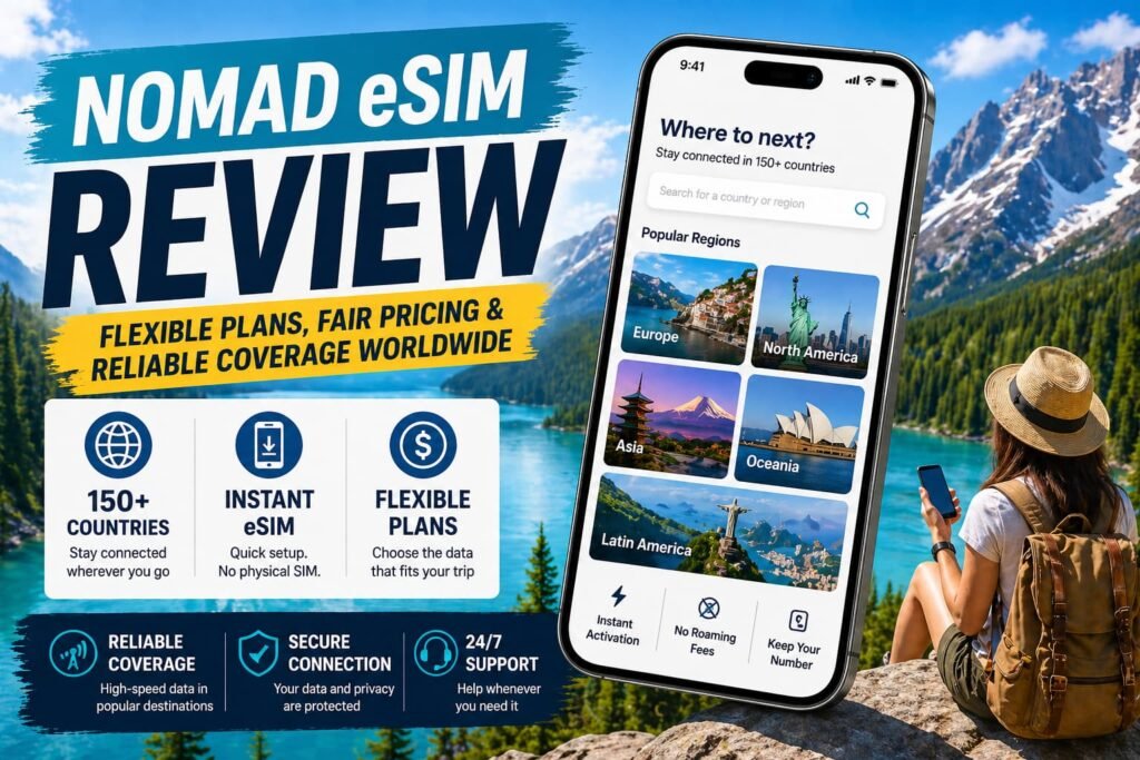 Nomad eSIM review image showing flexible plans pricing and coverage in over 150 countries for travel