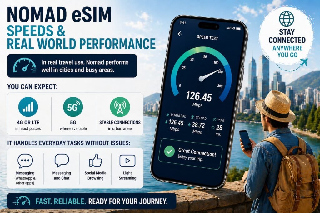 Nomad eSIM speeds and real world performance showing 4G LTE 5G coverage and stable connections for travel