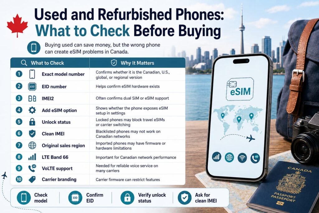 Infographic-style image showing what to check before buying a used or refurbished phone for eSIM in Canada, including model number, EID, IMEI2, Add eSIM, unlock status, clean IMEI, LTE Band 66, VoLTE support, and carrier branding