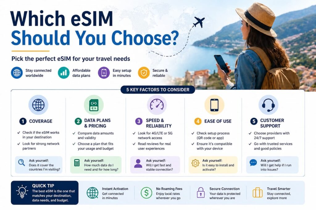 traveler choosing esim plan on smartphone showing coverage data plans and setup options