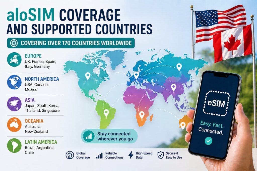 aloSIM eSIM coverage map showing supported countries in Europe, North America, Asia, Oceania, and Latin America
