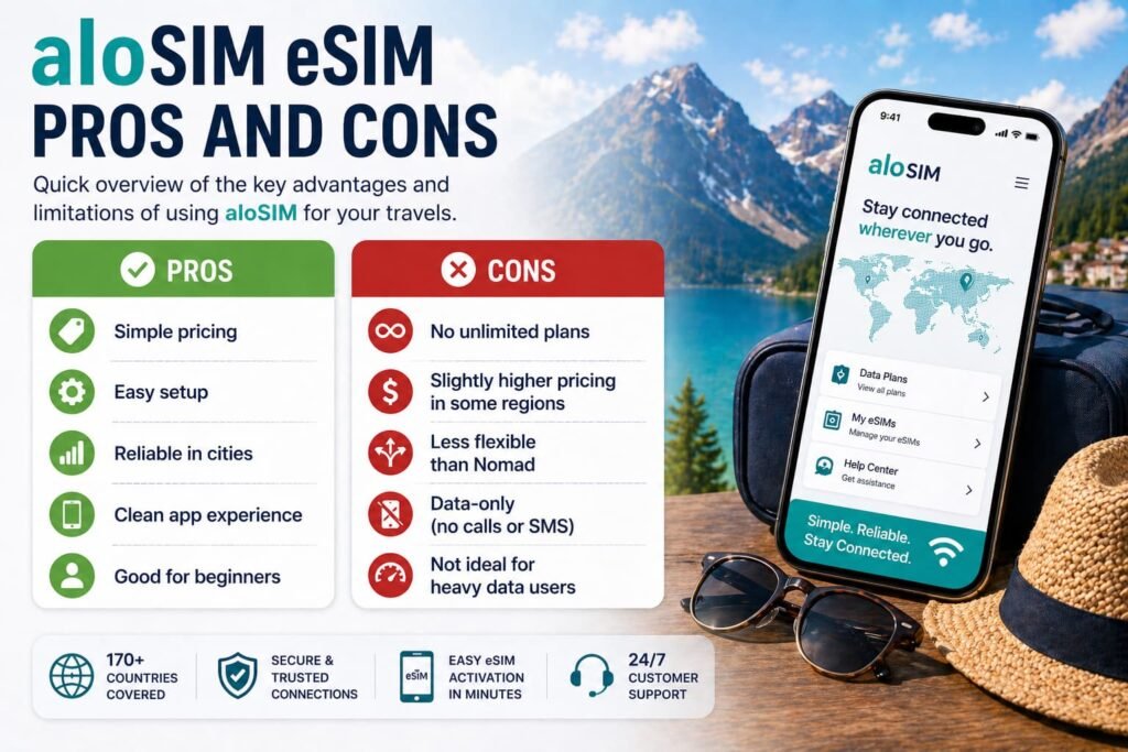 aloSIM eSIM pros and cons comparison showing simple pricing, easy setup, reliable coverage, and limitations for travelers